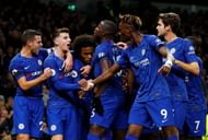 Chelsea players celebrating during their 2-0 win over Tottenham last Sunday